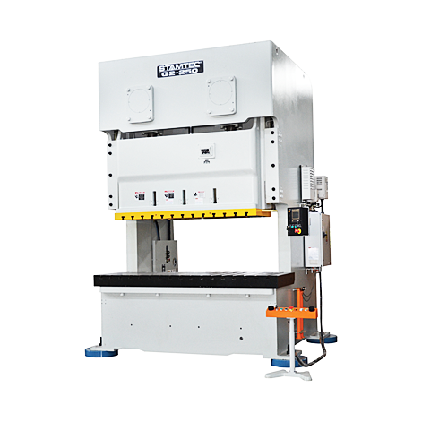 Stamtec G2-250 white 2-point gap frame mechanical press with yellow safety striping and side-mounted control panel