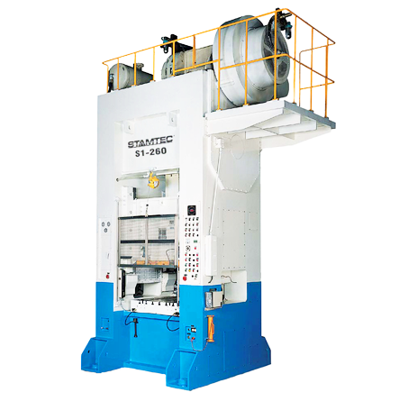 Stamtec S1-260 1-point straight side mechanical press with blue base, top-mounted flywheel, and yellow safety railing